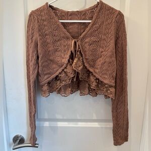 🌻sale🌻NWT Willow & Wind soft pointelle & lace knit brown sugar cardi/shrug- L
